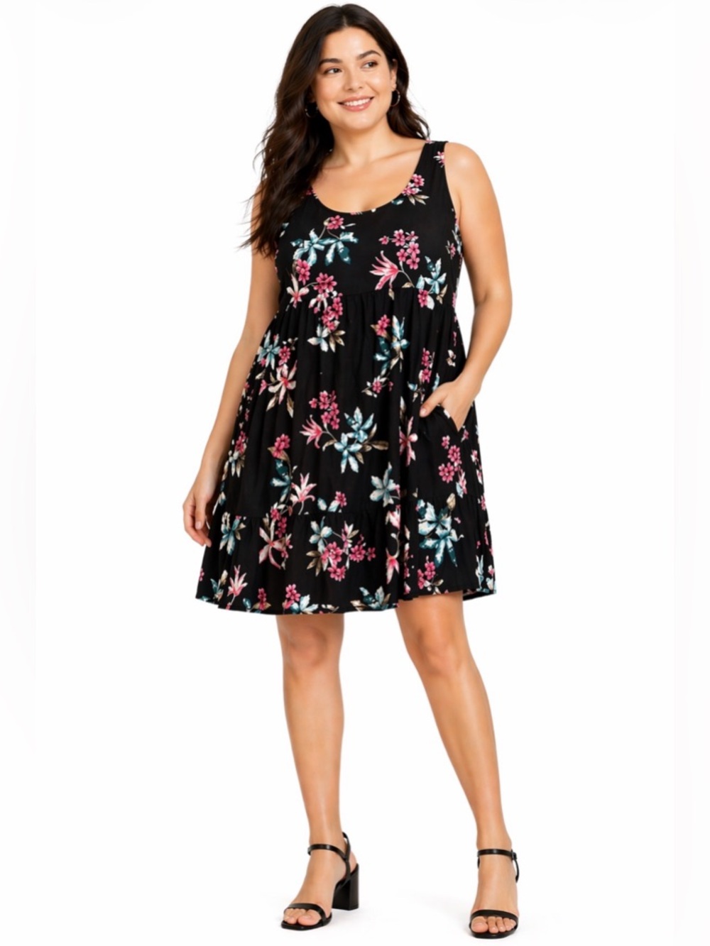 NWT Torrid Black Floral Tiered Tank Mini Dress 2X Pink Blue Floral Summer